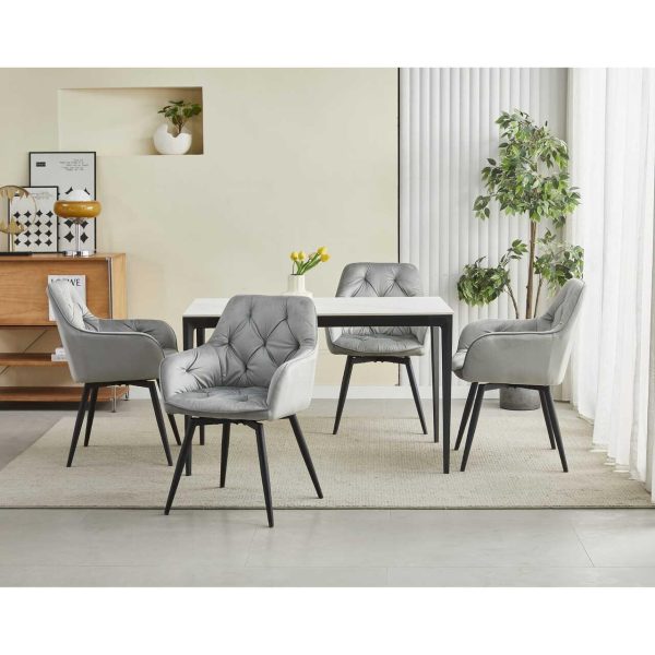 Scaun stil fotoliu bucatarie/living, Artool, York, rotativ, catifea gri argintiu, picioare metal negru, 56x61x84 cm