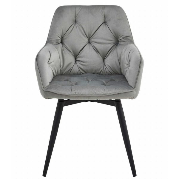 Scaun stil fotoliu bucatarie/living, Artool, York, rotativ, catifea gri argintiu, picioare metal negru, 56x61x84 cm