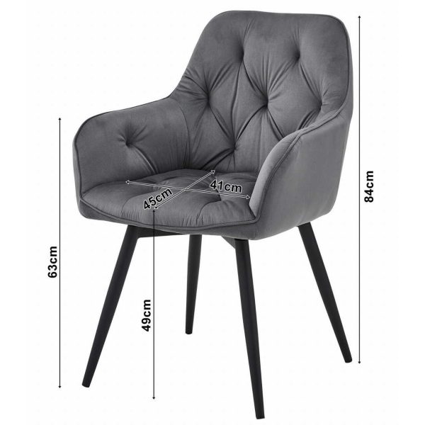 Scaun stil fotoliu bucatarie/living, Artool, York, rotativ, catifea gri argintiu, picioare metal negru, 56x61x84 cm