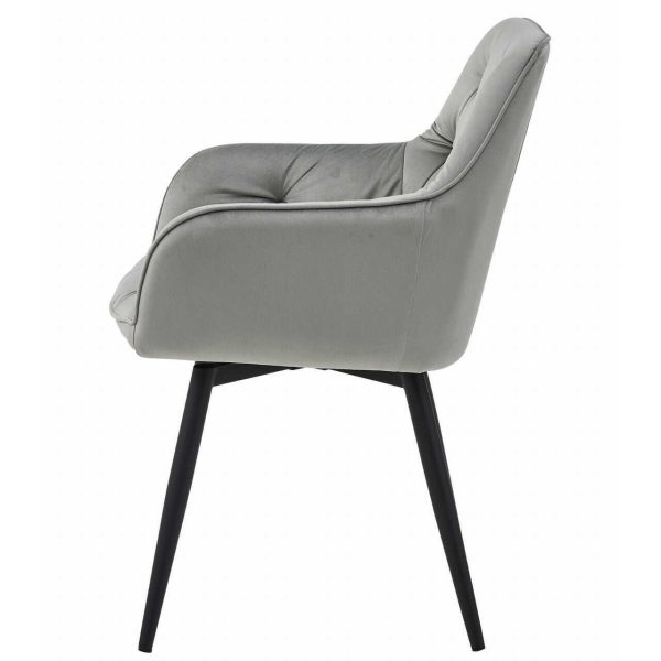 Scaun stil fotoliu bucatarie/living, Artool, York, rotativ, catifea gri argintiu, picioare metal negru, 56x61x84 cm