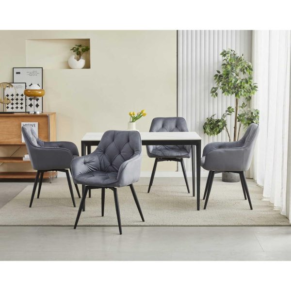 Scaun stil fotoliu bucatarie/living, Artool, York, rotativ, catifea gri inchis, picioare metal negru, 56x61x84 cm