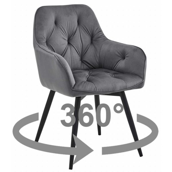 Scaun stil fotoliu bucatarie/living, Artool, York, rotativ, catifea gri inchis, picioare metal negru, 56x61x84 cm