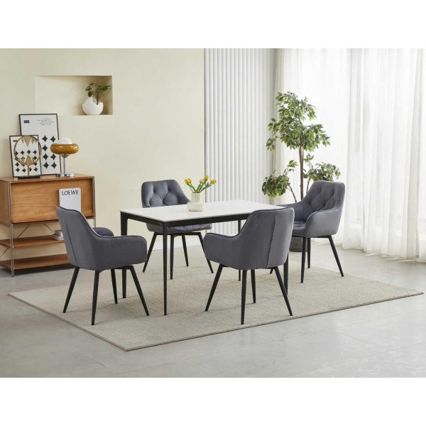 Scaun stil fotoliu bucatarie/living, Artool, York, rotativ, catifea gri inchis, picioare metal negru, 56x61x84 cm