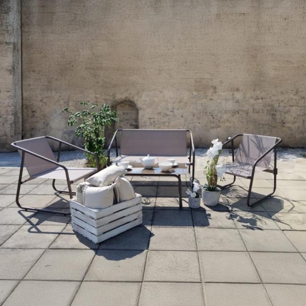 Set mobilier gradina/terasa, maro, otel, textil, 1 masa, 2 scaune, 1 canapea, Soffi