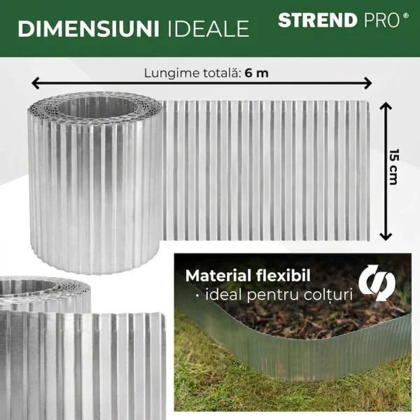 Bordura gazon din metal, argintiu, 6 m x 150 mm, Strend Pro