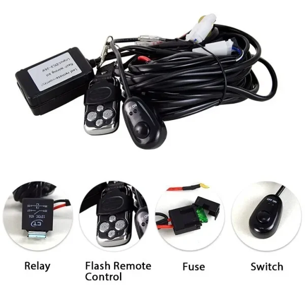 Cablaj pentru proiectoare LED cu telecomanda, functii strobo, relee si sigurante incluse, alimentare 12V