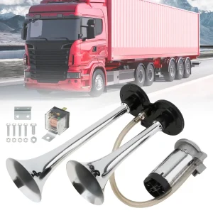 Claxon bitonal cu 2 goarne, Super Puternic, 178db, alimentare 12V cu compresor electric inclus, culoare Crom/Negru