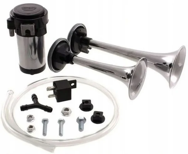 Claxon bitonal cu 2 goarne, Super Puternic, 178db, alimentare 12V cu compresor electric inclus, culoare Crom/Negru
