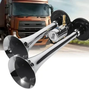 Claxon bitonal cu 2 goarne, alimentare 12/24V pentru vehiculele dotate cu compresor de aer, culoare Crom/Negru