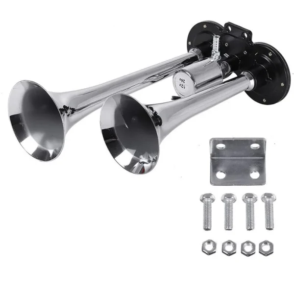Claxon bitonal cu 2 goarne, alimentare 12/24V pentru vehiculele dotate cu compresor de aer, culoare Crom/Negru