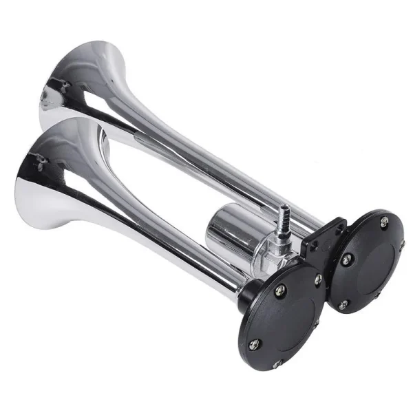 Claxon bitonal cu 2 goarne, alimentare 12/24V pentru vehiculele dotate cu compresor de aer, culoare Crom/Negru