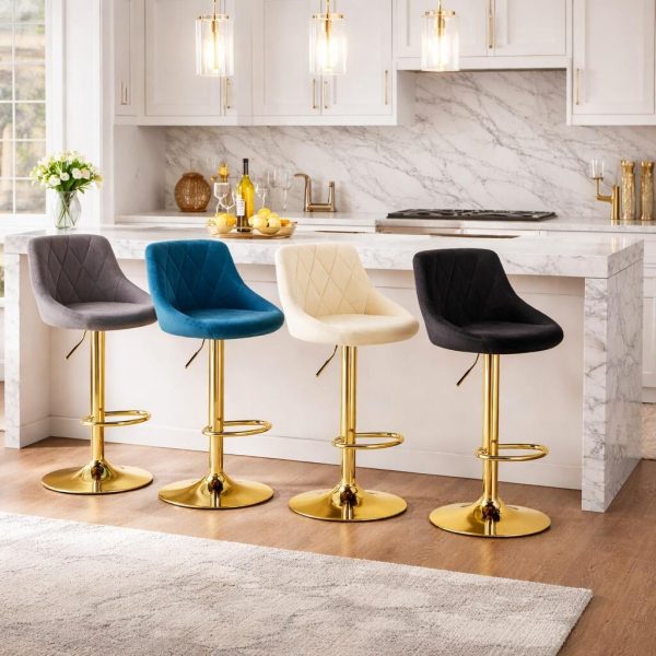 Scaun de bucatarie/bar, Artool, Kast, rotativ, catifea neagra, picior metal auriu, 45.5x49x85-105 cm