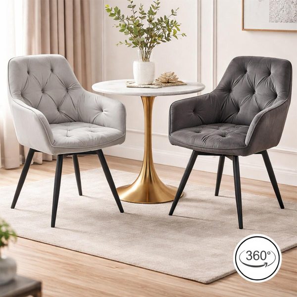 Scaun stil fotoliu bucatarie/living, Artool, York, rotativ, catifea gri inchis, picioare metal negru, 56x61x84 cm