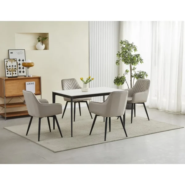 Scaun stil fotoliu bucatarie/living, Artool, Nana, rotativ, catifea bej inchis, picioare metal negru, 56x61x83.5 cm