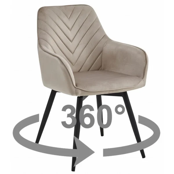 Scaun stil fotoliu bucatarie/living, Artool, Nana, rotativ, catifea bej inchis, picioare metal negru, 56x61x83.5 cm