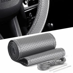 Husa volan din PIELE GRI + ATA GRI, diametru 37 - 39 cm (se coase, aspect ORIGINAL)