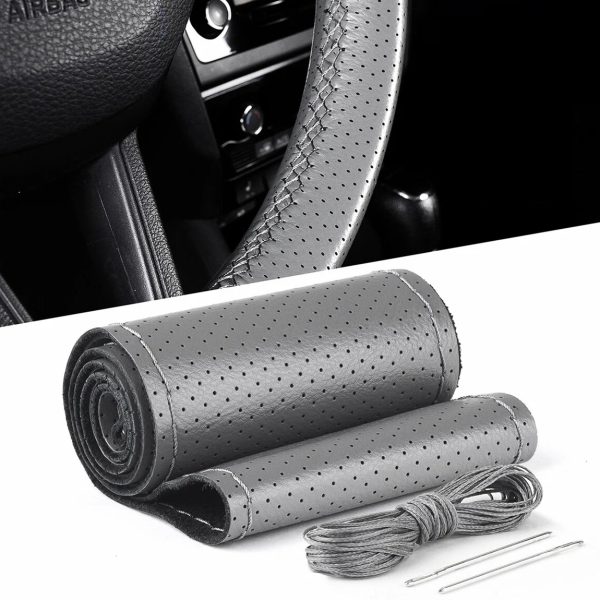 Husa volan din PIELE GRI + ATA GRI, diametru 37 - 39 cm (se coase, aspect ORIGINAL)