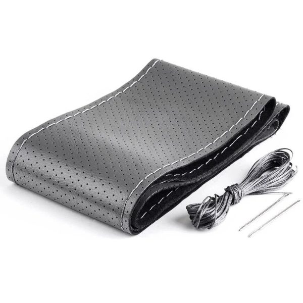 Husa volan din PIELE GRI + ATA GRI, diametru 37 - 39 cm (se coase, aspect ORIGINAL)