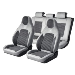 Set huse scaune auto Premium, model BLAZE Elite, design Sportiv, universale, ergonomice, Piele Ecologica cu insertii textile, culoare Gri/Crem