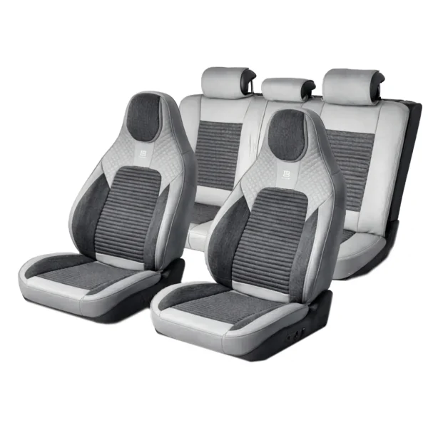 Set huse scaune auto Premium, model BLAZE Elite, design Sportiv, universale, ergonomice, Piele Ecologica cu insertii textile, culoare Gri/Crem