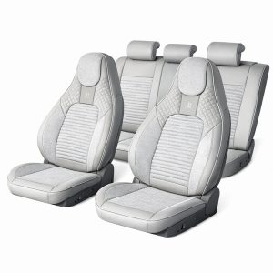 Set huse scaune auto Premium, model BLAZE Luxor, design Sportiv, universale, ergonomice, Piele Ecologica cu insertii textile, culoare Crem/Gri