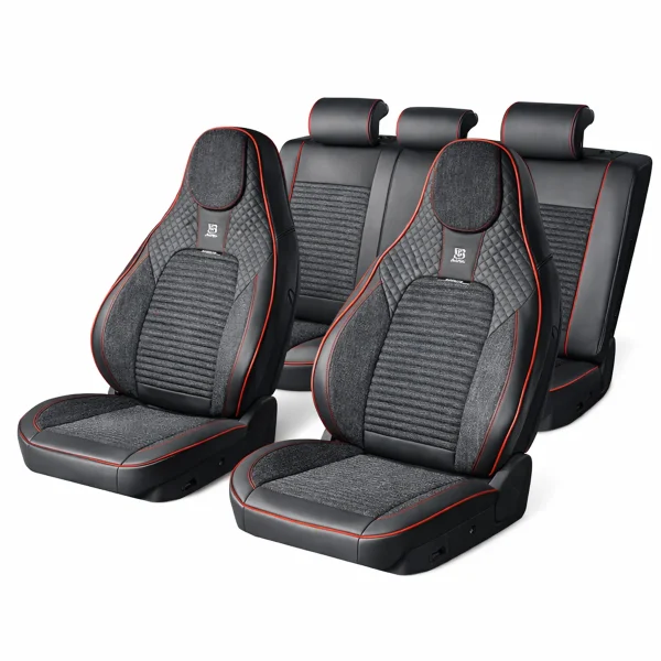 Set huse scaune auto Premium, model BLAZE Torque, design Sportiv, universale, ergonomice, Piele Ecologica cu insertii textile, culoare Negru/Rosu