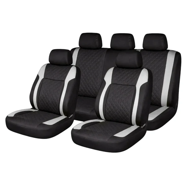 Set huse scaune auto Premium, model DIAMOND Core, design Sportiv, universale, ergonomice, Piele Ecologica Matlasata, culoare Negru/Gri