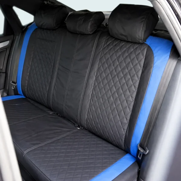 Set huse scaune auto Premium, model DIAMOND Drive, design Sportiv, universale, ergonomice, Piele Ecologica Matlasata, culoare Negru/Albastru