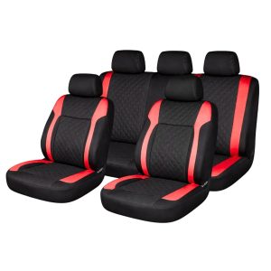 Set huse scaune auto Premium, model DIAMOND Racer, design Sportiv, universale, ergonomice, Piele Ecologica Matlasata, culoare Negru/Rosu