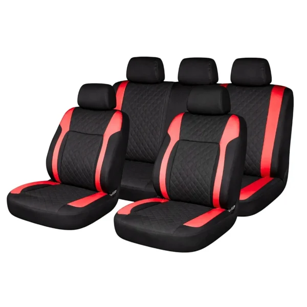 Set huse scaune auto Premium, model DIAMOND Racer, design Sportiv, universale, ergonomice, Piele Ecologica Matlasata, culoare Negru/Rosu