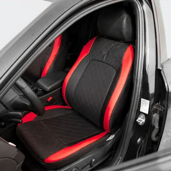 Set huse scaune auto Premium, model DIAMOND Racer, design Sportiv, universale, ergonomice, Piele Ecologica Matlasata, culoare Negru/Rosu