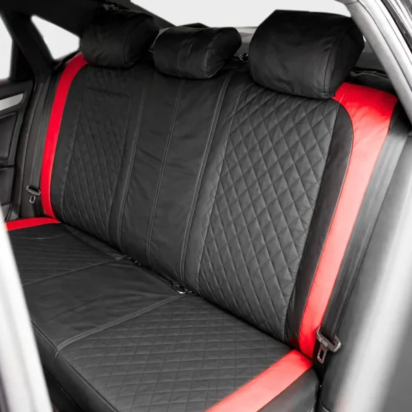 Set huse scaune auto Premium, model DIAMOND Racer, design Sportiv, universale, ergonomice, Piele Ecologica Matlasata, culoare Negru/Rosu