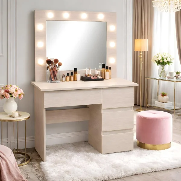 Masa de toaleta/machiaj, Irina, bej zebrano, cu oglinda si LED-uri, 94x43x141 cm