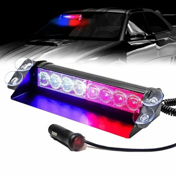Lampa stroboscopica pentru parbriz. montaj cu ventuze, culori Rosu - Albastru, putere 8W, alimentare 12V