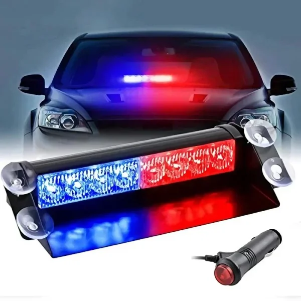 Lampa stroboscopica pentru parbriz. montaj cu ventuze, culori Rosu - Albastru, putere 8W, alimentare 12V