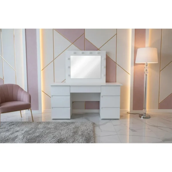 Masa de toaleta/machiaj, Vanessa + taburet, alb, cu oglinda si LED-uri, 130x43x143 cm