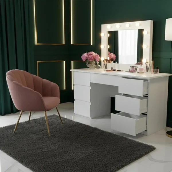 Masa de toaleta/machiaj, Vanessa + taburet, alb, cu oglinda si LED-uri, 130x43x143 cm