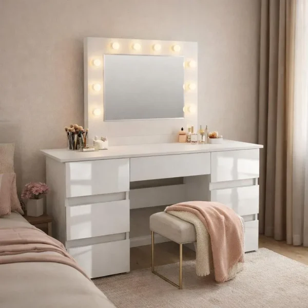 Masa de toaleta/machiaj, Vanessa, alba, sertare lucioase, cu oglinda si LED-uri, 130x43x143 cm