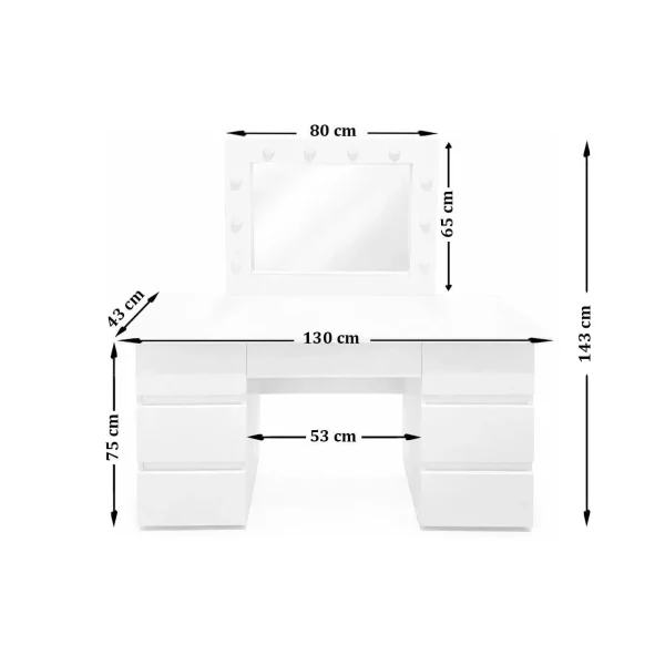 Masa de toaleta/machiaj, Vanessa + scaun Mark, alb, cu oglinda si LED-uri, 130x43x143 cm