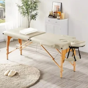 Masa de masaj pliabila, 2 zone, cadru lemn, spuma 5cm, inaltime 55-76cm, piele ecologica, dimensiuni 60x213cm, culoare Crem