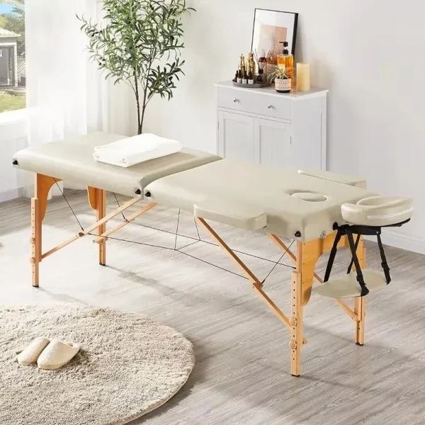 Masa de masaj pliabila, 2 zone, cadru lemn, spuma 5cm, inaltime 55-76cm, piele ecologica, dimensiuni 60x213cm, culoare Crem