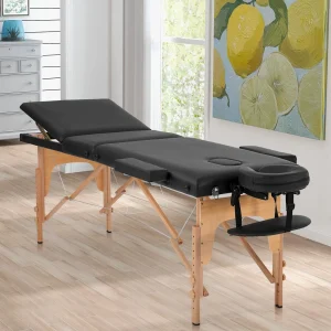 Masa de masaj pliabila, 3 zone, cadru lemn, spuma 5cm, inaltime 55-76cm, piele ecologica, dimensiuni 60x213cm, culoare Neagra