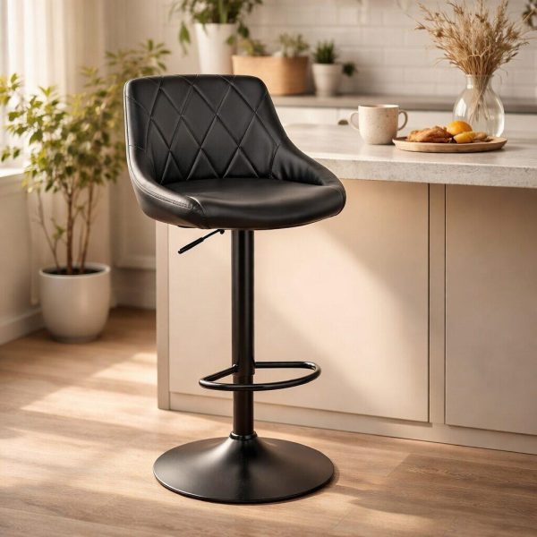 Set 2 scaune de bucatarie/bar, Artool, Kast, rotativ, piele ecologica neagra, picior metal negru, 45.5x48.5x85-105 cm