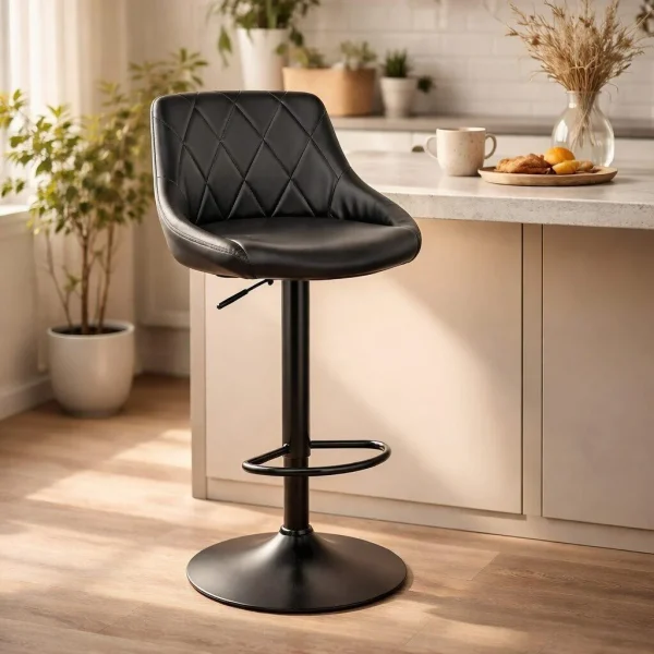 Set 2 scaune de bucatarie/bar, Artool, Kast, rotativ, piele ecologica neagra, picior metal negru, 45.5x48.5x85-105 cm