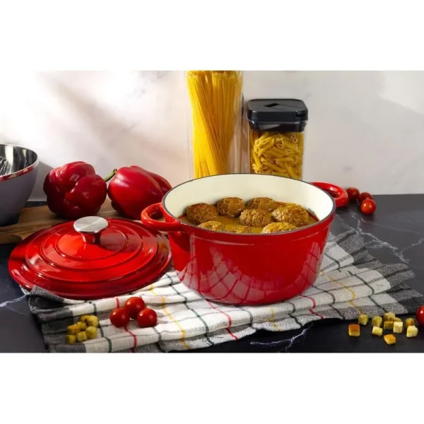 Oala de fonta emailata cu capac, maner din inox, rosie, 4 L, Magic Home