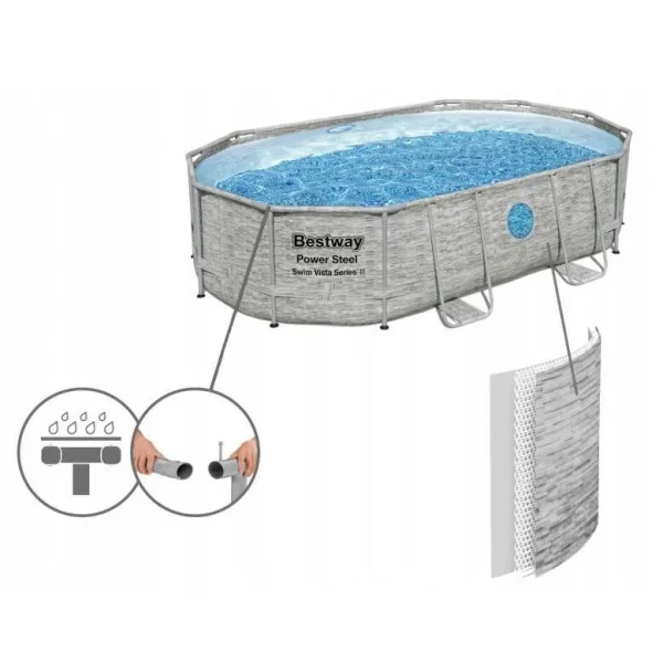 Piscina structura metalica, ovala, cu pompa nisip, scara, dozator, prelata acoperire, gri, 488x305x107 cm, Bestway Power Steel