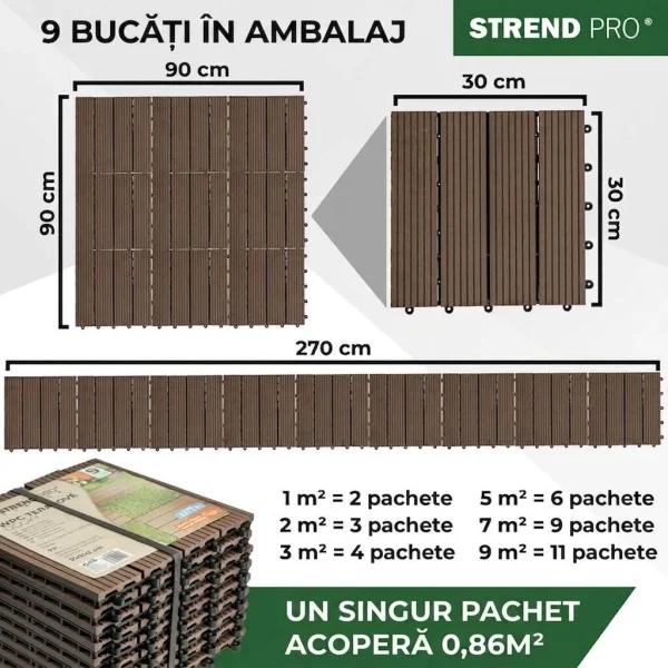 Podea de gradina din plastic, set 9 buc, 31x31 cm, maro inchis, Strend Pro