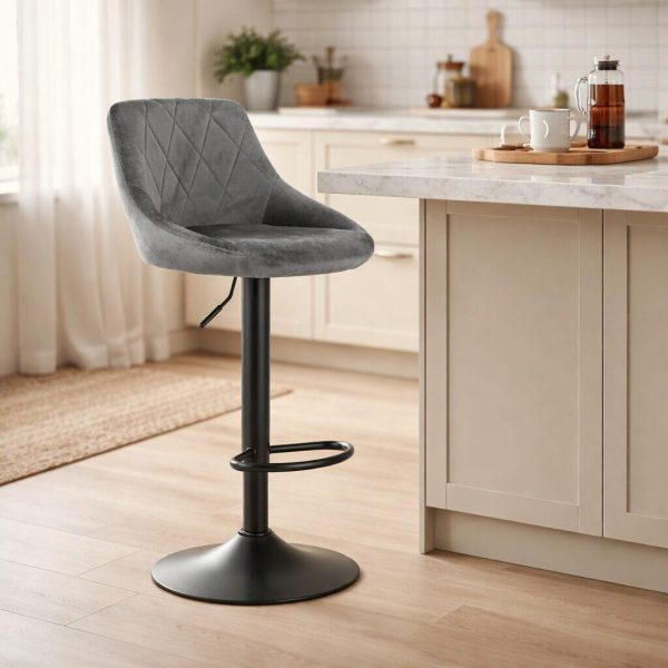 Set 2 scaune de bucatarie/bar, Artool, Kast, rotativ, catifea gri, picior metal negru, 45.5x49x85-105 cm