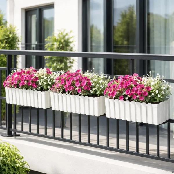 Set 2 Jardiniere decorative cu suport metalic, Boardee Fencycase W, gri, 58x18x16.2 cm