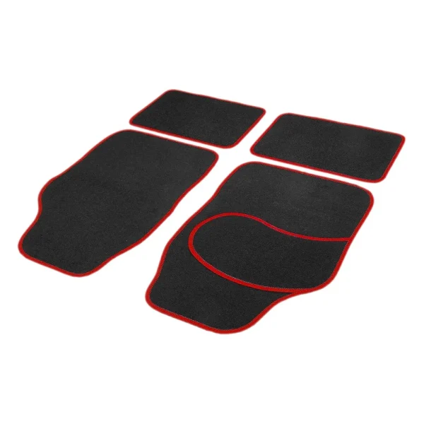 Set 4 Covorase auto din Mocheta, model Universal, culoare Negru cu margine Rosie, dimensiuni fata 64 x 44cm | spate 44 x 29cm